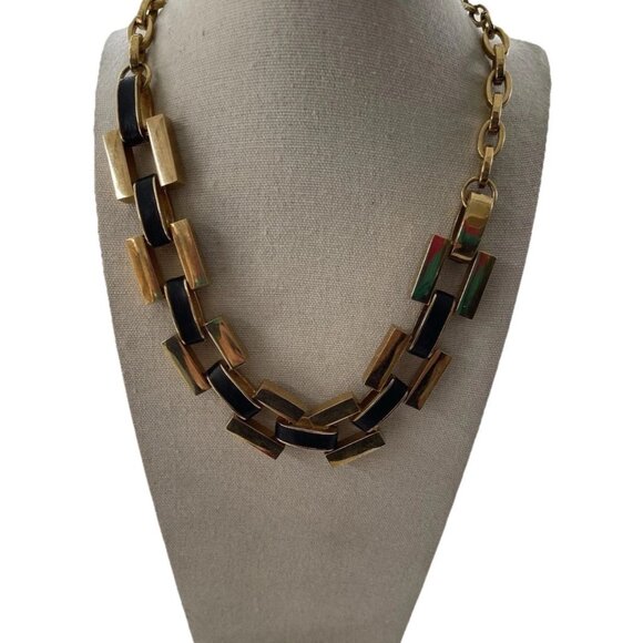 Ann Taylor Vintage Matte Gold and Black Leather  Link Chain Necklace Quality 19” - Picture 1 of 16